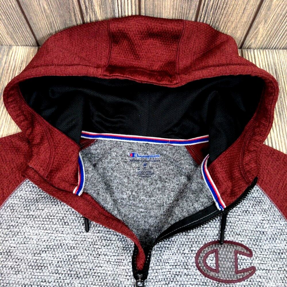 Champion Men Stadium Fleece Maroon Gray Quarter Zip Waffle Knit Hoodie Men M